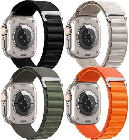 4 Pack Alpine Loop Nylon Band Compatible with Apple Watch Ultra Band 42/44/45mm Men Women, Adjustable C-Hook Strap for iWatch Series Ultra2/Ultra1 SE/9/8/7/6/5/4/3/2/1, Black/Green/Starlight/Orange