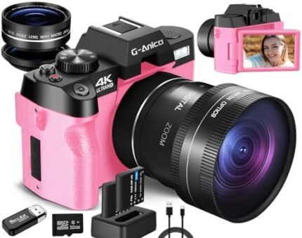 4K Digital Cameras for Photography, 48MP Vlogging Camera for YouTube with WiFi, 180° Flip Screen Compact Camera with Flash, 16X Digital Zoom Travel Camera with Wide-Angle &Macro Lens (Pink)