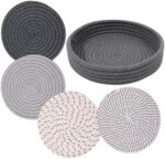 7" Hot Mats for Pots and Pans, 4 Woven Trivets with Storage Basket for Hot Dishes, Pot Holders for Kitchen, Tabletop Accessories for Counter Heat Resistant