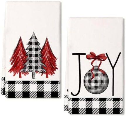 ARKENY Christmas Dish Towels for Christmas Decor Black Buffalo Plaid Xmas Tree Kitchen Towels 18x26 Inch Joy Noel Red Christmas Tree Seasonal Absorbent Bar Hand Towel for Cooking Set of 2