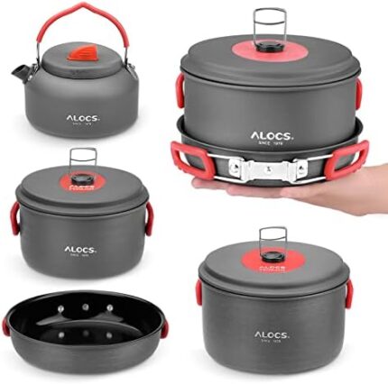 Alocs Camping Cookware, Durable Lightweight Camping Pots and Pans Set, Camping Cooking Set with Camping Kettle for Outdoor Camping Hiking Picnic