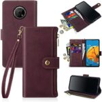 Antsturdy for Nokia G300 5G Wallet Case [RFID Blocking] [Zipper Poket] PU Leather Folio Flip Protective Cover with Wrist Strap Credit Card Holder Kickstand Function Shockproof TPU Men Women,Wine Red