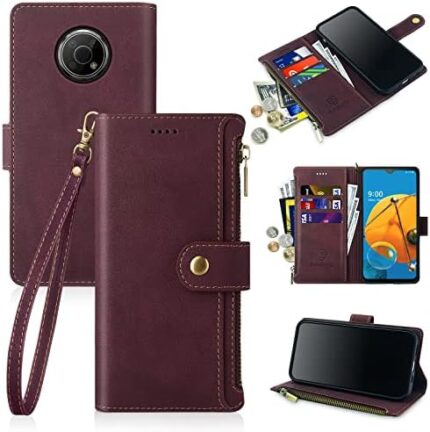 Antsturdy for Nokia G300 5G Wallet Case [RFID Blocking] [Zipper Poket] PU Leather Folio Flip Protective Cover with Wrist Strap Credit Card Holder Kickstand Function Shockproof TPU Men Women,Wine Red
