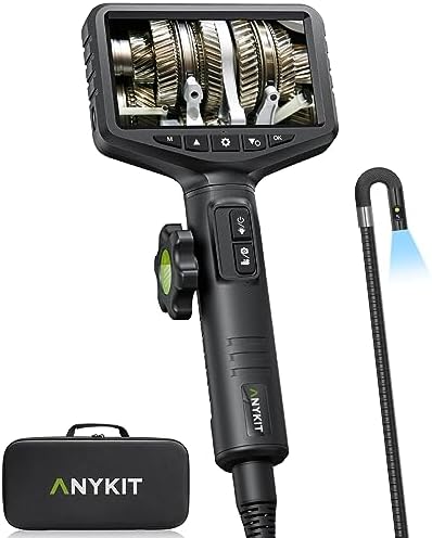 Anykit Dual-Lens Two-Way Articulating Borescope, Inspection Camera with 0.33in Articulated Snake Camera, 5-inch HD Screen Industrial Endoscope with 8 Lights, for Automotive DIY Mechanics - 5FT