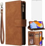 Asuwish Compatible with Xiaomi Redmi Note 11T Pro Wallet Case Tempered Glass Screen Protector and Leather Flip Cover Card Holder Cell Accessories Phone Cases for Redme Note11 11 11Pro Women Men Brown