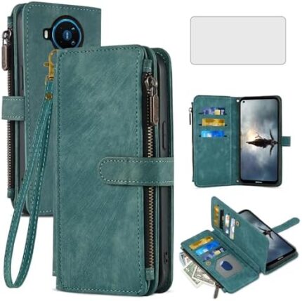 Asuwish Phone Case for Nokia X100 5G Wallet Cover and Tempered Glass Screen Protector Leather Flip Credit Card Holder Stand Lanyard Rugged Cell Accessories NokiaX100 X 100 100X TA-1399 Women Men Blue