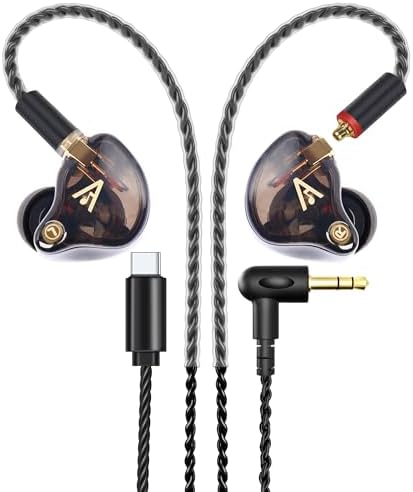 Audiovance Vibes 201C Wired Earbuds in-Ear Headphones, USB C to 3.5mm Adapter & Braided Cord, Noise Isolating Bass Driven Earphones, Carry Case, Ear Buds Tips, 3.5mm Jack (Clear Brown, No Mic)
