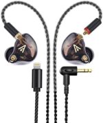 Audiovance Vibes 201L Wired Earbuds in-Ear Headphones, Lightning to 3.5mm Adapter for iPhone, Braided Cord, Noise Isolating Bass Driven Earphones, Carry Case, Ear Buds Tips (Clear Brown, No Mic)