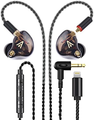 Audiovance Vibes 201ML Wired Earbuds in Ear Headphones with Mic, Lightning to 3.5mm Adapter for iPhone, Braided Cord, Noise Isolating Bass Driven Earphones, Carry Case, Ear Buds Tips (Clear Brown)