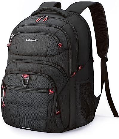 BAGSMART Travel Laptop Backpack Men Women, Extra Large Work 17.3 Inch Computer Backpack Airline Approved Carry On with Water-Repellent, Charging Hole, for Business Work College Hiking Weekender, Black