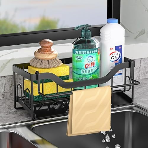 BEENLE Sink Sponge Holder, Kitchen Sponge Holder Sink Caddy with BEENLE Sink Sponge Holder, Kitchen Sponge Holder Sink Caddy with Automatic Drainage Tray, Durable Sink Organizer for Discloth Dish Brush Soap Scrubber