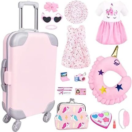 BNUZEIYI 17Pcs 18 Inch Girl Doll Clothes and Accessories Doll Accessories Case Luggage Travel Play Set with Travel Pillow Camera Sunglasses for 18 Inch Dolls Travel Storage Gift for Girls