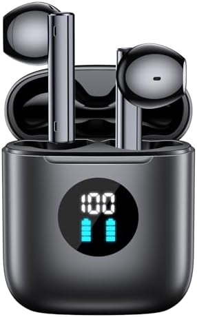 BOLOXA Wireless Earbuds Bluetooth Headphones 60Hrs Playtime Ear Buds with LED Power Display Charging Case Microphone Stereo Audio Headset IPX7 Waterproof Sports Earphones for iOS Android Laptop Black
