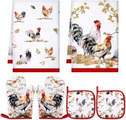 Bencailor 6 Pcs Christmas Rooster Kitchen Set Chicken Kitchen Dish Towels Pot Holders and Oven Mitts Set for Christmas Kitchen Cooking Baking Grilling
