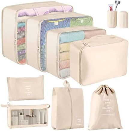 Blibly Packing Cubes for Suitcase, 9 PCS Lightweight Travel Luggage Organizers Set, Waterproof Luggage Packing Cubes for Travel Accessories(khaki)