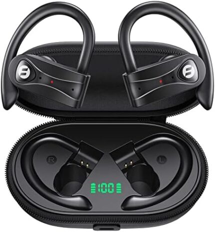 Bluetooth Headphones Noise Canceling 4 Mics Clear Call Stereo Bass Sound 60H Playtime Wireless Charging Case Over Ear Earphones LED Digital Display Headset with Earhooks for Sports Running Workout Gym