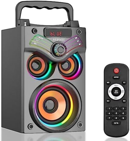 Bluetooth Speakers, Portable Wireless Speakers with Subwoofer, Bluetooth 5.0, LED Colorful Lights, FM Radio, Remote, EQ, Loud Stereo Sound Deep Bass Sound Boombox System for Outdoor Home Party Camping