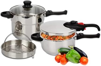 Bogner - Stainless Steel Pressure Cooker. 4 Safety Security System Valve, 4.2 & 6.3 quartz Capacity Pots, includes a thick Glass Lid and Steamer for Cooking, Compatible with all types of stoves