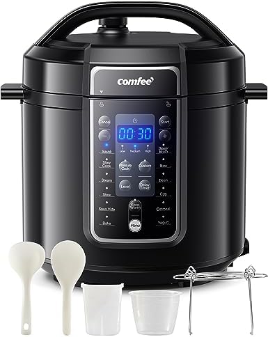 COMFEE’ 9-in-1 Electric Pressure Cooker 14 Presets Instant Multi Cooker Olla de Presion Non-Stick Pot Yogurt Maker Rice Cooker Slow Cooker Sauté Steamer 6 Quarts Black, Aluminum