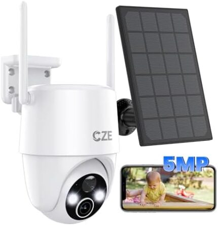 CZE 5MP Security Cameras Wireless Outdoor, Solar Security Camera Outdoor with 360° PTZ for Home Security Outside, WiFi Camera with Spotlights, Color Night Vision, AI Motion Detection, Two Way Talk