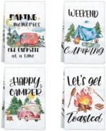 Camping Kitchen Towels Set of 4, Happy Camper Dish Towels Kitchen Hand Towels Kit Printed with Funny Sayings for Campers, Camping Tent Pine Tree Farmhouse Decor Sign Home Decorations,24X16inch