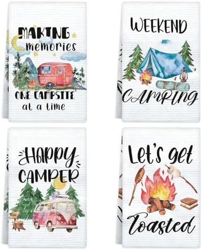 Camping Kitchen Towels Set of 4, Happy Camper Dish Towels Kitchen Hand Towels Kit Printed with Funny Sayings for Campers, Camping Tent Pine Tree Farmhouse Decor Sign Home Decorations,24X16inch
