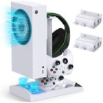 Charger Stand with Cooling Fan for Xbox Series S Console and Controller,Vertical Dual Charging Dock Accessories with 2 x 1400mAh Rechargeable Battery and Cover, Earphone Bracket for XSS