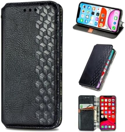 Compatible with Infinix Hot 12 Cover,Compatible with Infinix Hot 12 X6817 X6817B Magnetic Closure Flip Stand Wallet Card Holder Case Black