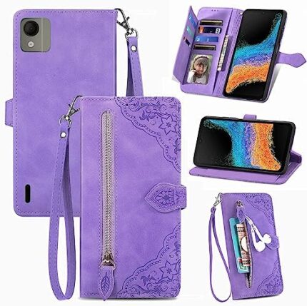 DAMONDY for Nokia C110 Zipper Wallet Case,Nokia C110 N156DL Case,Premium Magnetic Closure Stand Function Folio PU Leather Flip Cover Inner Soft TPU Case for Nokia C110 N156DL -Purple