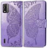 DAMONDY for Nokia C210 Flip Case,Butterfly Embossed Flowers PU Leather Magnetic Flip Cover Stand Card Holders Hand Strap Wallet Purse Case for Nokia C210 -Light Purple