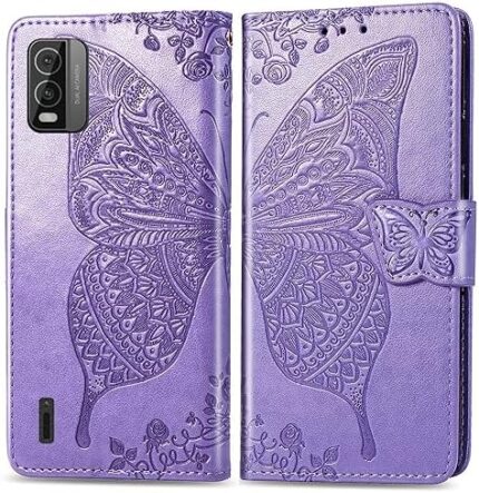 DAMONDY for Nokia C210 Flip Case,Butterfly Embossed Flowers PU Leather Magnetic Flip Cover Stand Card Holders Hand Strap Wallet Purse Case for Nokia C210 -Light Purple