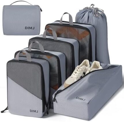 DIMJ Compression Packing Cubes for Suitcases Expandable Travel Packing Organizers Lightweight Luggage Cubes Travel Cubes for Travel Accessories With Shoe Bag/Laundry Bag/Underwear Bag (Grey)