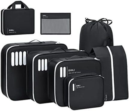 DIMJ Packing Cubes, 8 Packs Travel Organizer Bags for Luggage, Lightweight Travel Accessories, Travel Luggage Organizers with Laundry Bag, Shoe Bag, Toiletries Bag (Black)