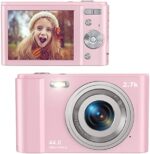 Digital Camera 44 Mega Pixels Small Camera 2.7K Vlogging Camera Portable Camera with 16X Digital Zoom, 2 Batteries Kids Camera for Students, Teens (Pink)