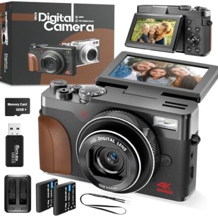 Digital Camera, Cameras for Photography,4K&48MP Video Camera, 16X Zoom Vlogging Camera for YouTube, Portable Compact Small Camera with 2 Batteries, Digital Point and Shoot Camera with Beauty Function