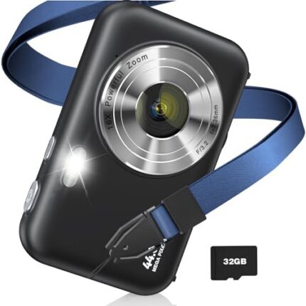 Digital Camera, FHD 1080P Kids Camera with Neck Lanyard 32GB Card Battery, Anti-Shake 16X Digital Zoom, 44MP Point Shoot Camera, Compact Portable Small Gift Camera for Kid Teen Student Girl Boy(Black)