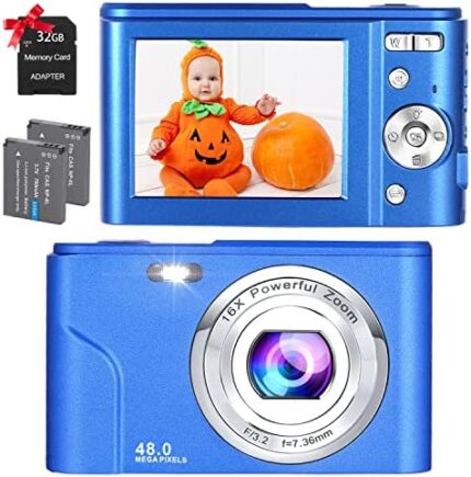 Digital Camera, FHD 48.0 MP Vlogging Camera Mini Camera Kids Camera Video Camera Pocket Camera with 32GB TF Card Autofocus 16X Digital Zoom, Compact Portable Camera for Kids Students Teenager-Blue