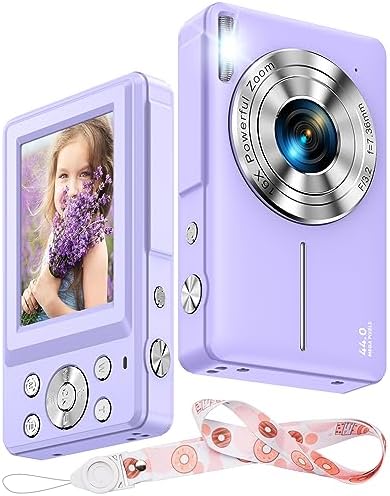 Digital Camera for Kids, 1080P Mini Camera with Lanyard 44MP Digital Point and Shoot Camera, Anti-Shake Vlogging Camera with 16X Zoom, Small Camera for Boys Girls Teens Students(Purple)