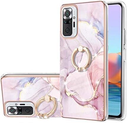 Dinglijia for Redmi Note 10 Pro/Pro Max Case, Soft TPU + IMD Marble Pattern Shiny Ring Kickstand Case for Girls and Women, Camera and Screen Protection Case for Redmi Note 10 Pro BKZH Rose Gold