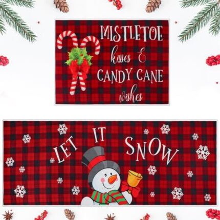 Drydiet Christmas Kitchen Rugs Set of 2 Xmas Kitchen Mats Merry Christmas Mats Buffalo Plaid Snowman Christmas Kitchen Rugs Mats Non Slip Backing Floor Mat Xmas Let It Snow Xmas Mat for Home Kitchen