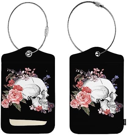 EKOBLA Skull with Flowers Luggage Tags Roses Floral Day of The Dead Travel Essentials Accessories Name Tags for Backpacks, Suitcases, Travel Bags, Baggage, Black