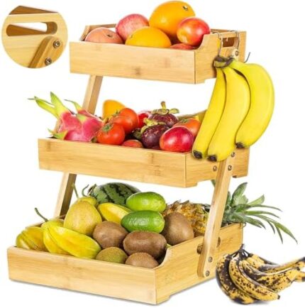 ETECHMART Fruit Basket, Bamboo 3 Tiers Fruit Bowl, Large Capacity Detachable Fruit Holder for Kitchen Counter, 2 Hooks Stand for Bread, Vegetables, Produce, Home Storage