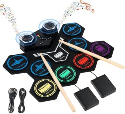 Electronic Drum Set，Marrilley 9 Drum Pad With Headphone Jack,Bigger Roll-up Drum Pad, Built-in Dual Stereo Speakers, Drum Sticks, Foot Pedals 10 Hours Playtime,Ideal Christmas Holiday Gift for Kids