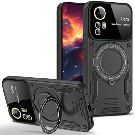 Ephoou Case for Xiaomi Redmi Note 12S with Ring Kickstand, Lens All-Inclusive Protection New Large Window Shockproof Anti-Scratch Armor Cover Case for Xiaomi Redmi Note 12S YD-Black