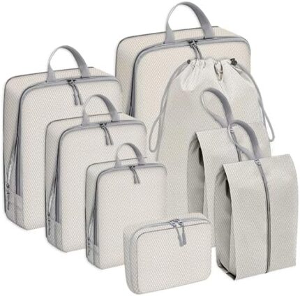 FIRSPIET Compression Packing Cubes for Travel, suitcase organizer bags set, travel organizer bags for luggage with shoe bag for Travel Accessories Luggage Suitcase Backpack (Beige)