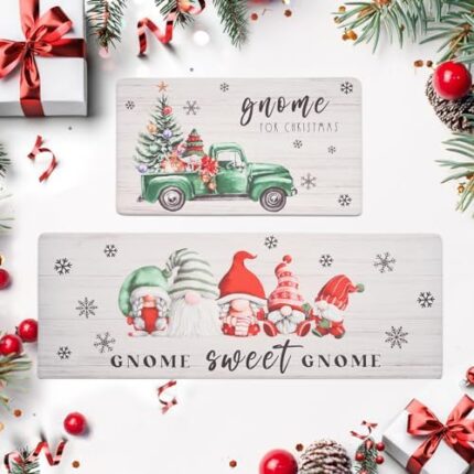FRESHMINT Christmas Kitchen Mats for Floor 2 Piece Set Holiday Farmhouse Anti Fatigue Waterproof & Non-Skid Kitchen Rugs Cushioned Standing Washable Comfort Desk Kitchen Runners, Gnome Sweet
