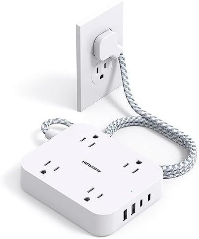 Flat Plug Extension Cord, 5ft Power Strip with 4 USB Ports(2 USB C), 4 Widely Outlets Extender, Wall Mount, Desk Charging Station for Office, School, Travel and Dorm Room Essentials, White, ETL Listed