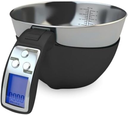 Fradel Digital Kitchen Food Scale with Bowl (Removable) and Measuring Cup - Stainless Steel, Backlight, 11lbs Capacity - Cooking, Baking, Gym, Diet - Precise Measuring (Black)