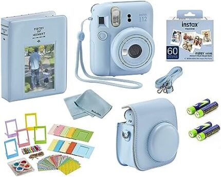 Fujifilm Mini 12 Instant Camera Deluxe Bundle: Includes Mini Film Value Pack (60 Shots) + 60 Shots of Film + 1 Carrying Case/Strap + 1 Cleaning Cloth + Photoframe Stickers (Pastel Blue)