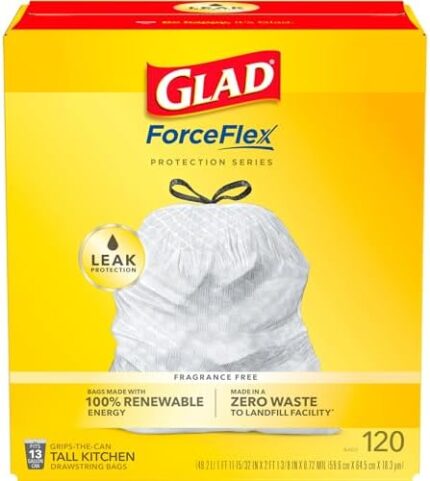 Glad ForceFlex Tall Kitchen Drawstring Trash Bags, 13 Gal, Unscented, 120 Ct (Packaging May Vary)